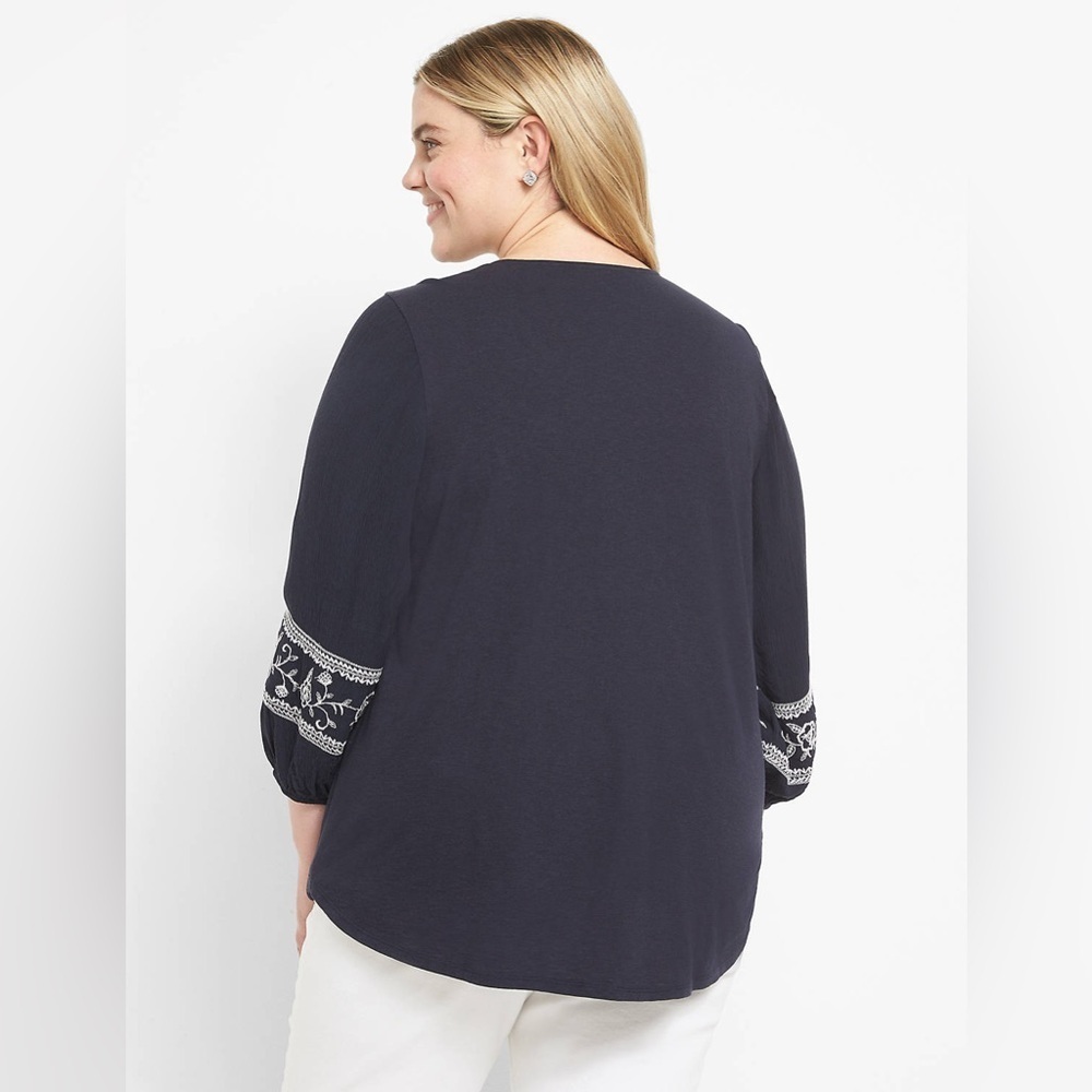 Lane Bryant Blouson-Sleeve Henley Embroidered Top Loose/Relaxed in Night Sky NWT - Picture 4 of 16